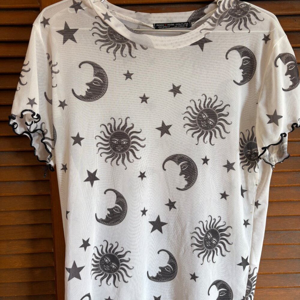 Women’s White Short Sleeve Tee with Black Celestial Print - Picture 2 of 4